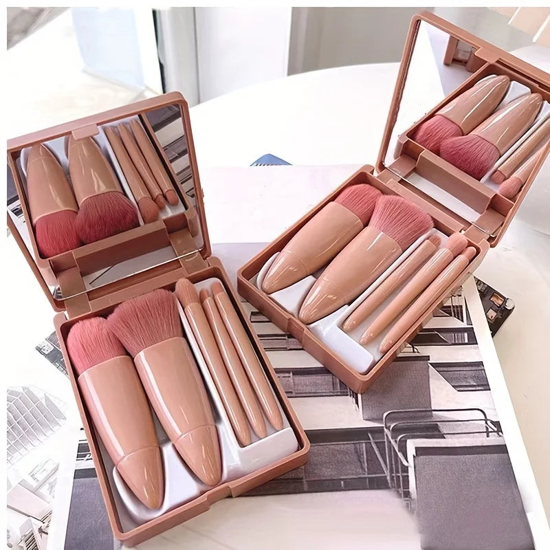5-Piece Portable Makeup Brush Set with Mirror - Foldable Travel Kit